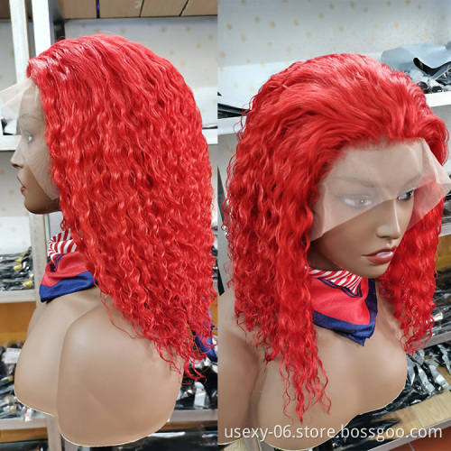 Wholesale Colored Deep Wave HD Transparent Lace Frontal Wigs For Black Women 613 Blonde Red Short Bob Wigs Human Hair Curly Wig